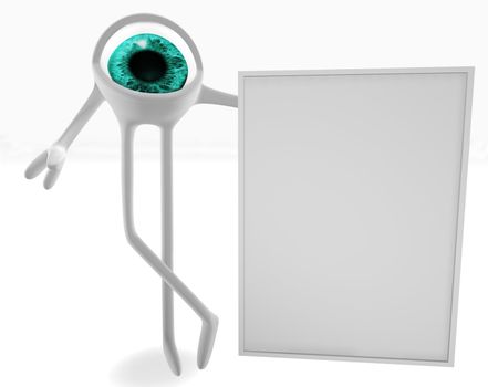 Eye with a empty signboard isolated in white