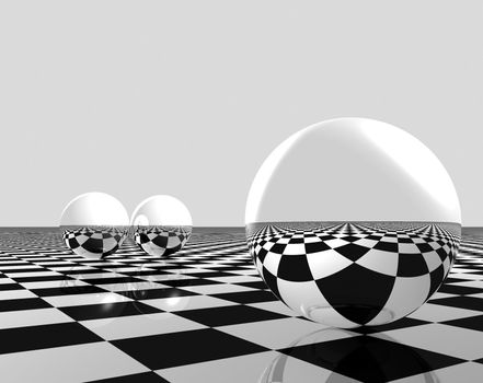 reflective spheres with chess table