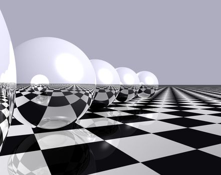 reflective spheres in single file with chess table