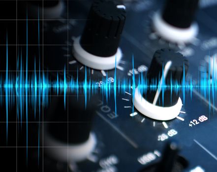illustration of music or digital sound control panel of a mixer and sound waves