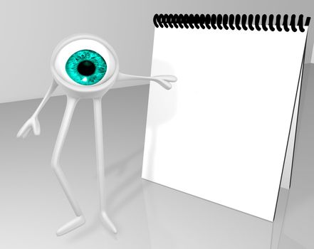 eye  with arms and legs  to point a empty  notebook