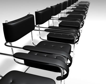 black office chairs in single file isolated in white background