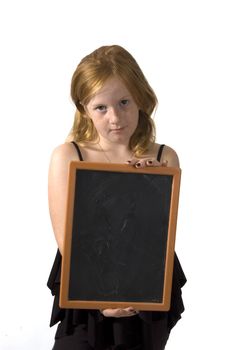 little girl is holding an empty chalkboard