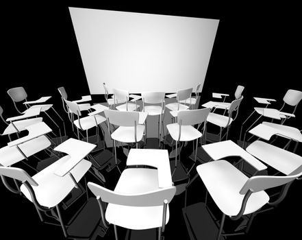black classroom with white chairs 