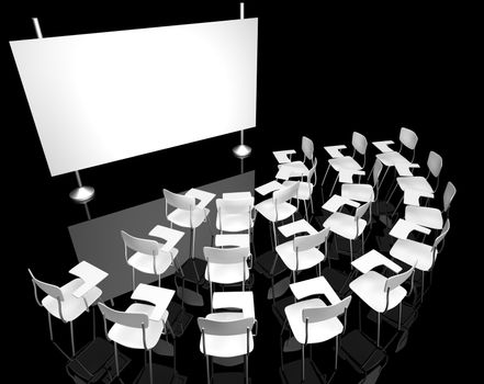 black classroom with white chairs 