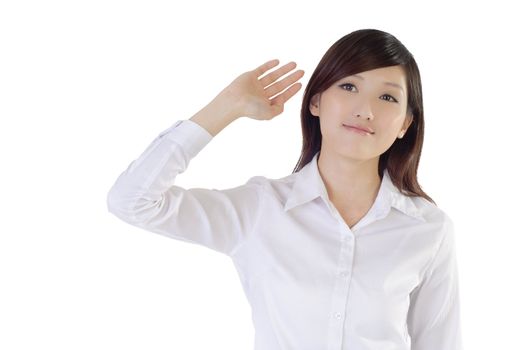 Asian businesswoman raise hand on white background.
