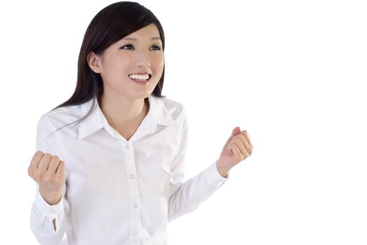 Cheer up expression with Asian businesswoman on white background.
