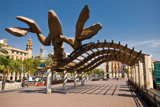 a wooden lobster from the haven promenade of port vell in barcelona