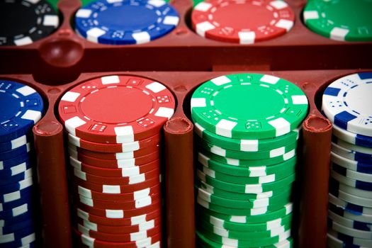 Poker chips in a box. Close-up.