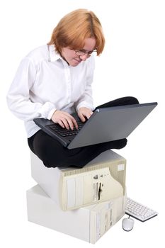 The girl working on the laptop on a white background