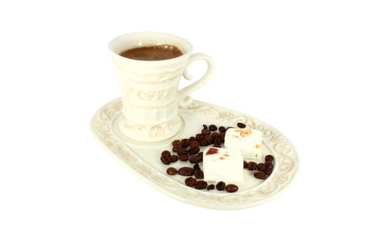 Cup of coffe with cakes isolated on white