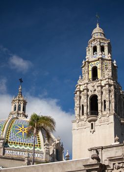 The Tower and Dome at Balboa Park, San Diego, California Against a Deep Blue Sky.