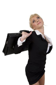 relaxed businesswoman with office bag on isolated background