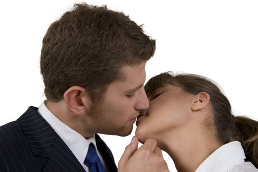 casual couple kissing on isolated background
