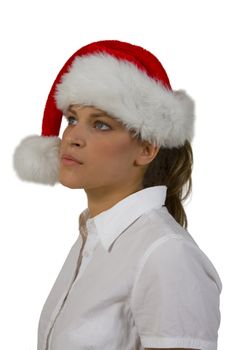 model in red santa cap on white background