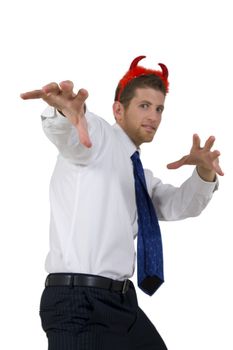 horror man with devil horns on white background