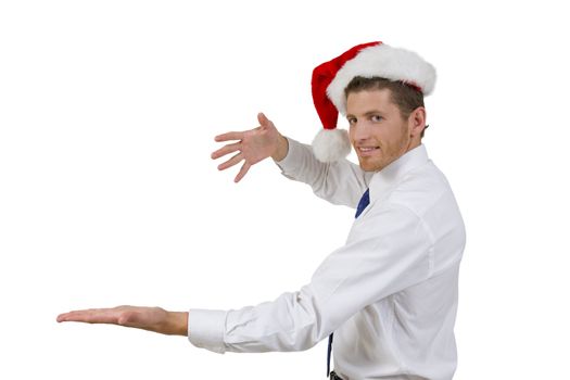 posing young man in santa cap on isolated background