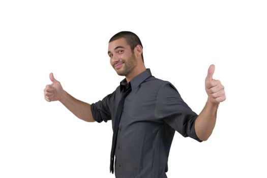 handsome young man with thumbs up on isolated background