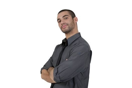 caucasian smiling with arms crossed on white background