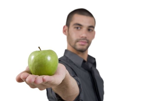 smart man offering apple on white background