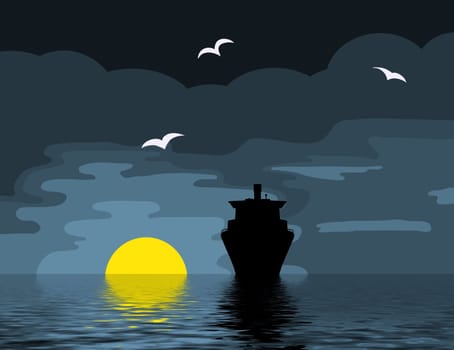 Illustration of a cruise ship on the ocean as the sun sets