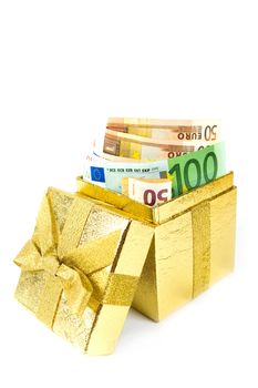 Euro money in golden gift box isolated on white.
