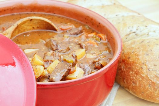 Freshly prepared venison stew with vegetables in a rich broth. Could also be used as beef stew. Extreme shallow DOF.
