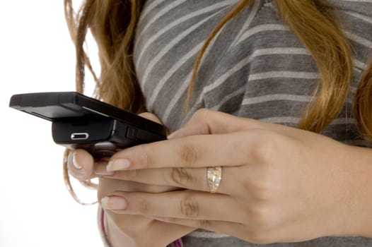 multimedia mobile in female hands on  an isolated white background 