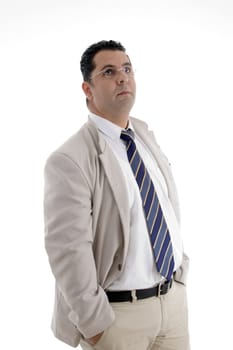 white businessman looking upward on  an isolated white background 