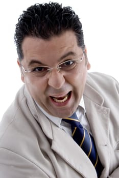 shouting adult businessman looking to camera on  an isolated white background 