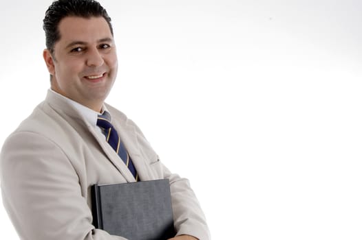 portrait of happy businessman with file on  an isolated white background 