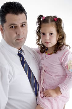 father with his daughter and looking to camera on  an isolated white background 