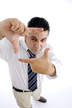 standing businessman showing directing hand gesture on  an isolated white background 