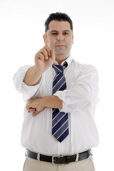 mature businessman showing hand gesture on  an isolated white background 
