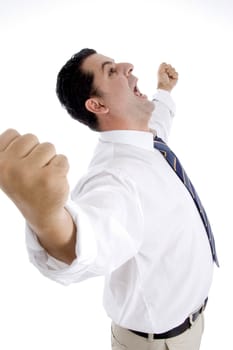 successful businessman with stretch hands on  an isolated white background 