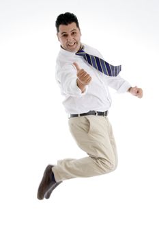 jumping businessman showing approval sign on  an isolated white background 