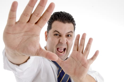 shouting businessman showing his palms on  an isolated white background 