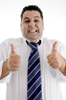 happy businessman showing approved hand gesture on  an isolated white background 