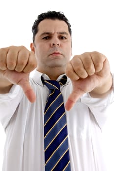 serious businessman showing thumb down gesture on  an isolated white background 