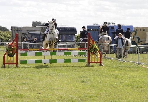 horses jumping fences at a show jumping competion