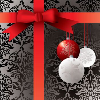 Wrapped present with baulbels and a wallpaper patern