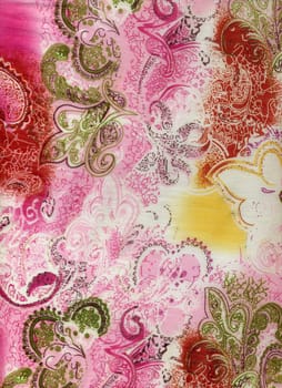 Old multicolored textile texture with abstract and flower ornament. On fabric you can find many small destructions and holes, so be careful.