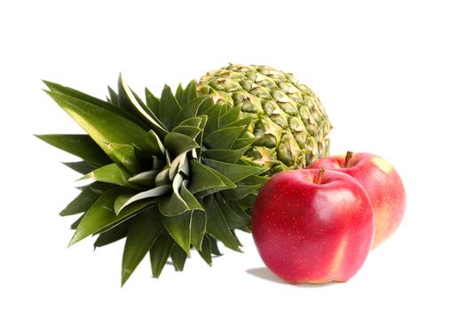 Ananas and Apples isolated on white background.
