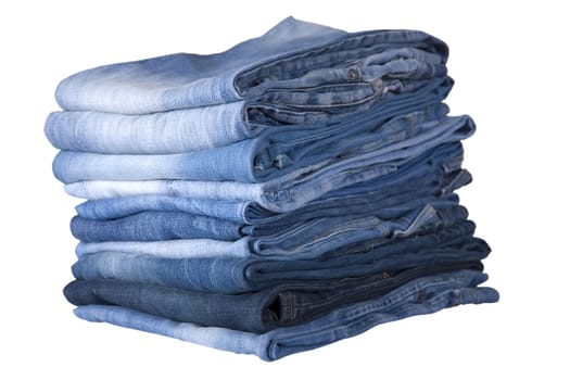 front view of stack, blue denim jeans