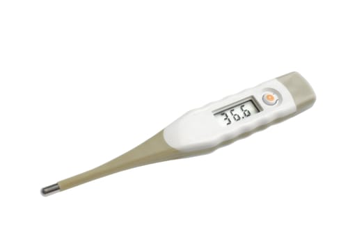 Thermometer with normal human temperarure 36.6 on LCD display isolated on white background