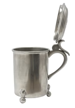 Antique pewter beer jug with lid on white background