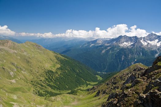 aerial view of Val di Sole from Tonale mountain in Trentino, Italy