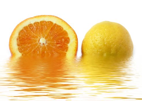 colored slice of orange and lemon with rough surface in water