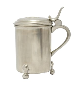 Antique pewter beer jug with lid on white background