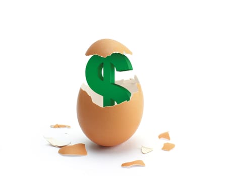 A green dollar sign hatching from a brown egg.